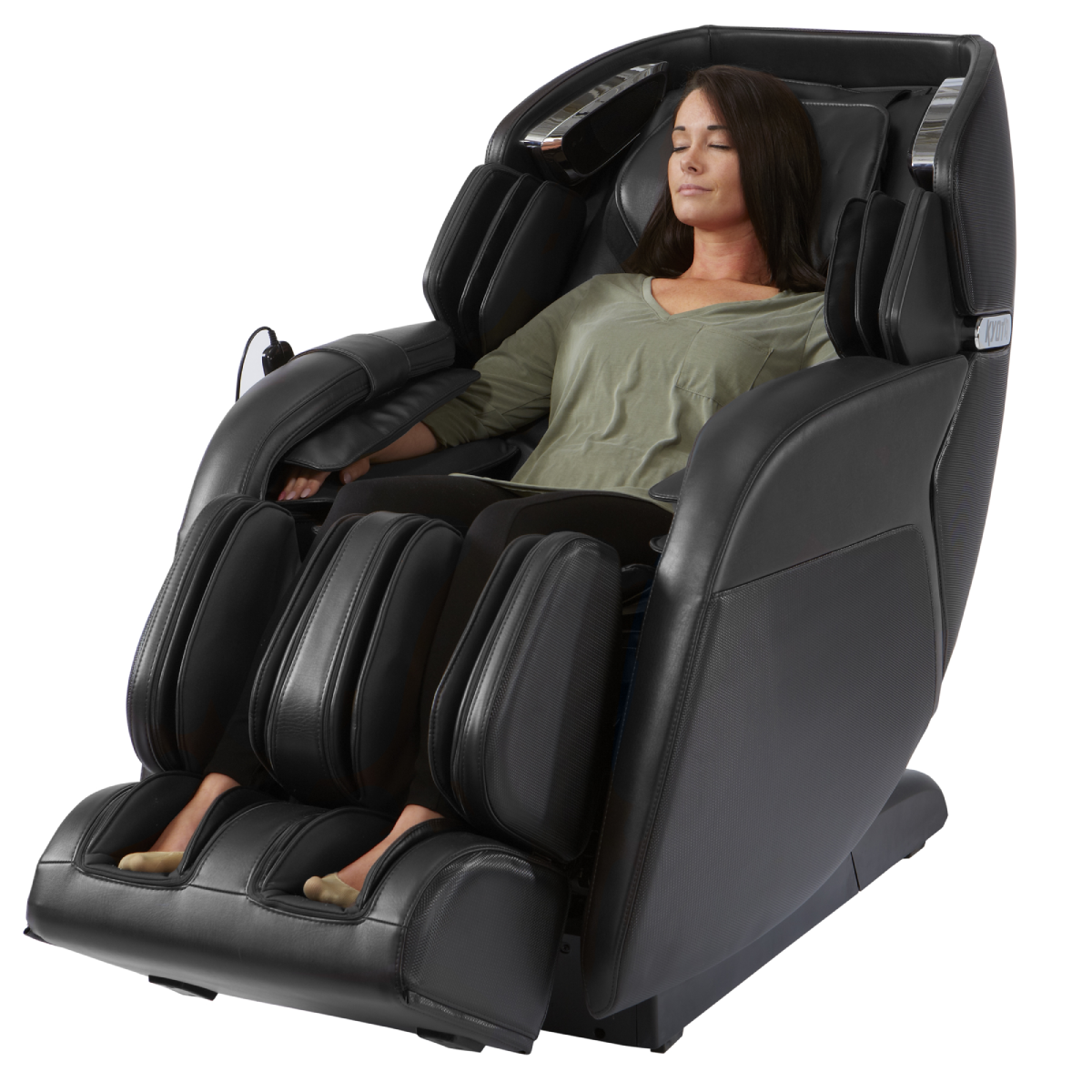 Kyota Kenko 3D/4D Massage Chair M673 in Black with a woman sitting inside showing the position of a body during the massage - Home Bars USA