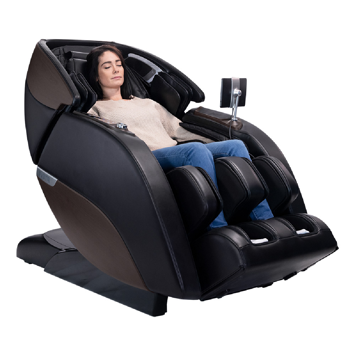 Kyota Nokori Syner-D Massage Chair M980 reclined with a model sitting in the chair showing the bode position during the massage - Home Bars USA
