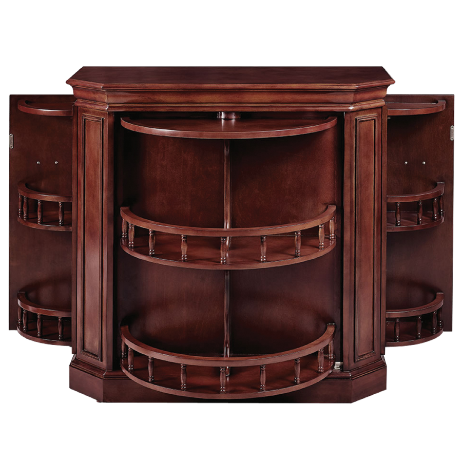 RAM Game Room Bar Cabinet w/ Spindle in English Tudor open - Home Bars USA