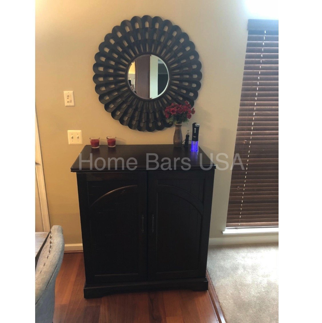 Howard Miller Benmore Valley Wine &amp; Bar Console 695124 real photo from a customer showing hide-a-bar in interior - Home Bars USA