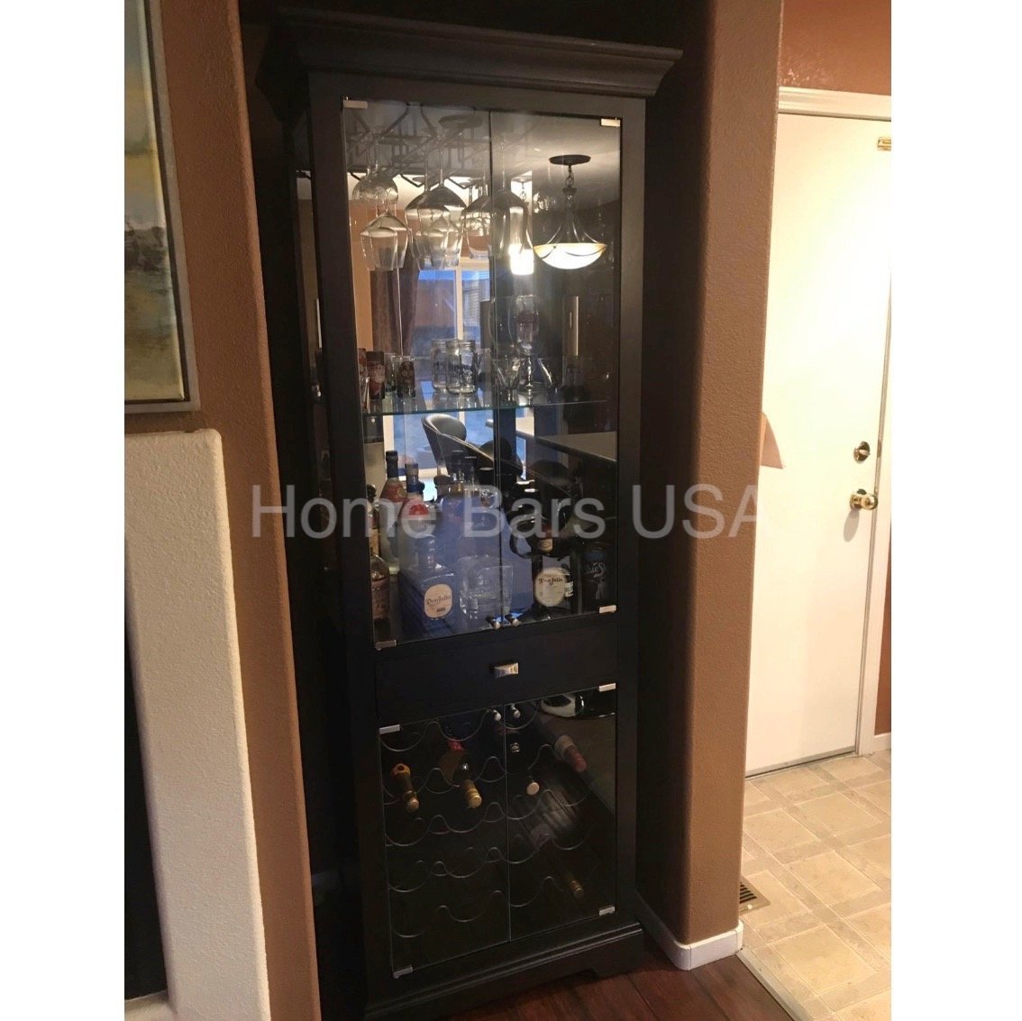 Howard Miller Gimlet Wine &amp; Bar Cabinet 690005 real photo bar front in interior - Home Bars USA