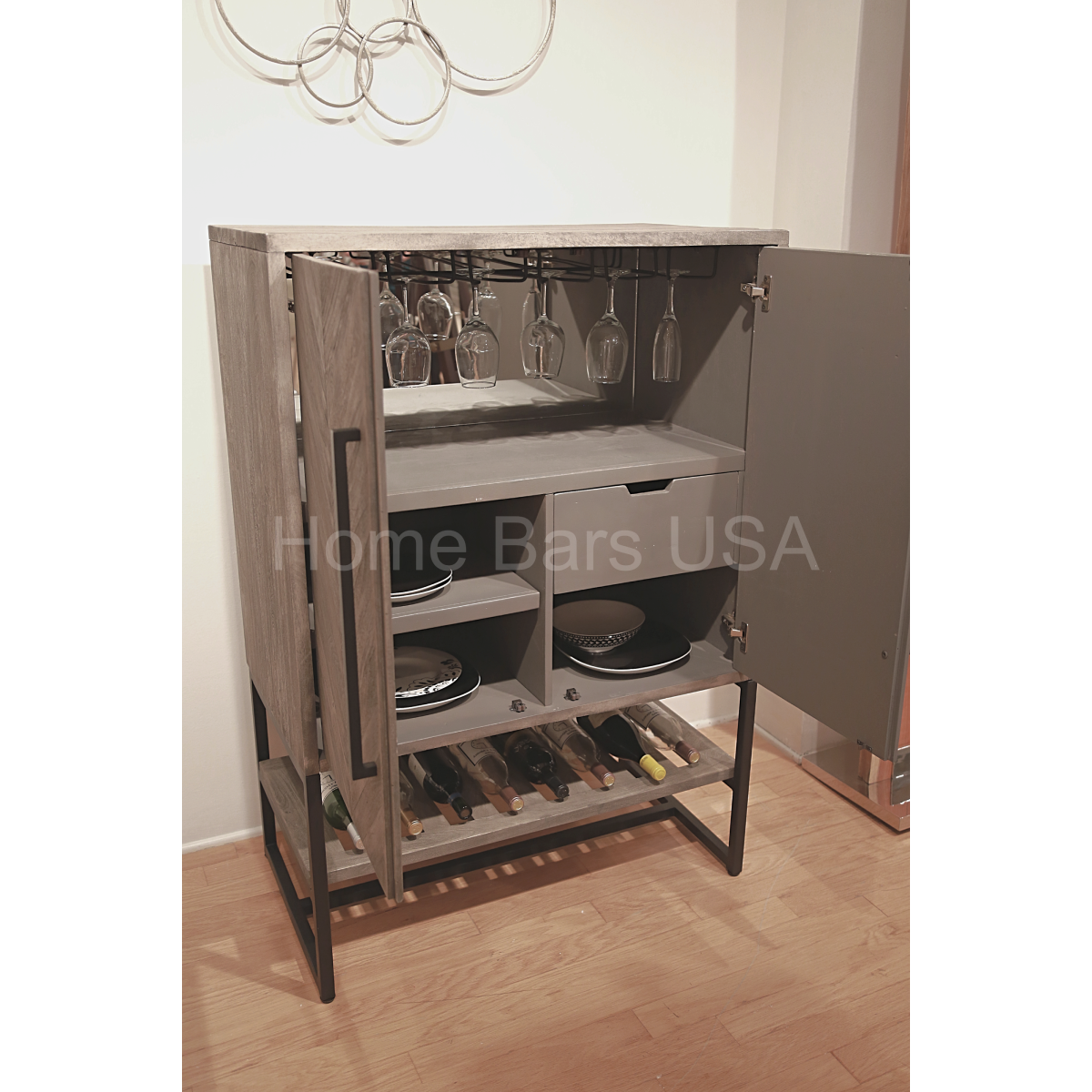 Howard Miller Jamaica Inn Wine &amp; Bar Cabinet 695226 real photo of bar cabinet side view with open doors showing space and details inside - Home Bars USA